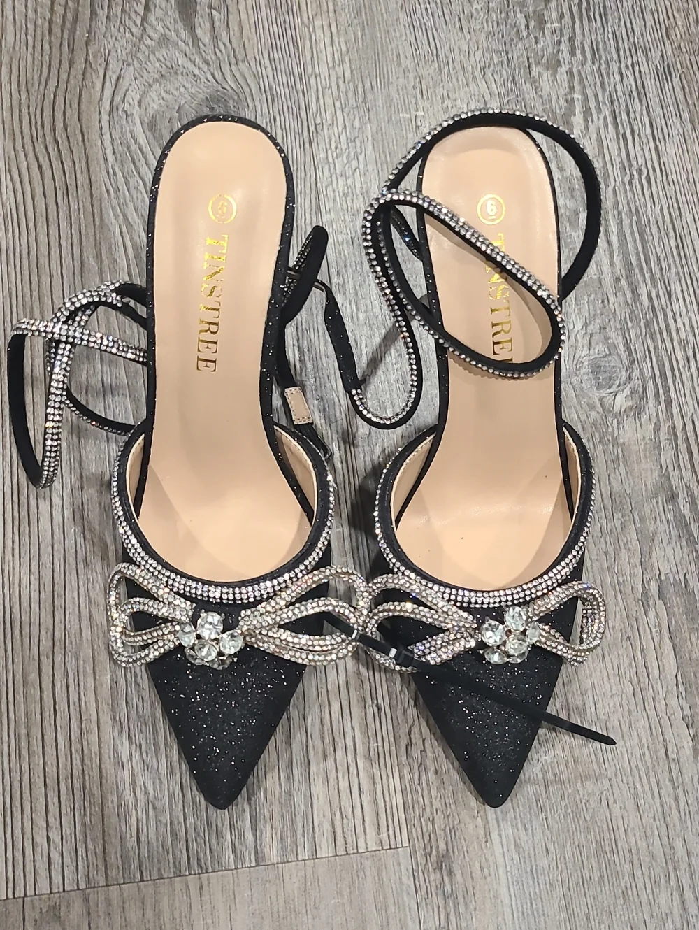 Black Rhinestone Bow Ankle-Strap High Heel Pump